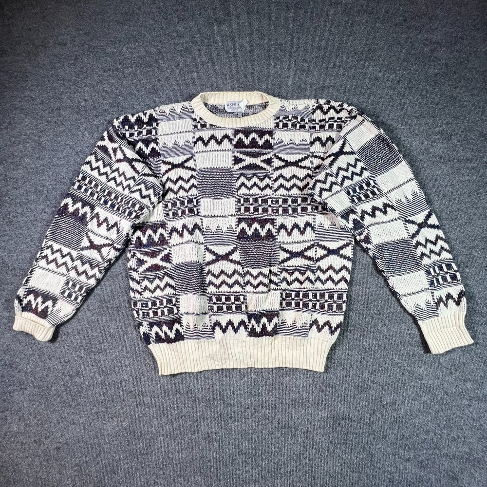 Vintage Ashley Sweater Men's XL Beige Cotton Knit Preppy Holiday Grandpa Cozy